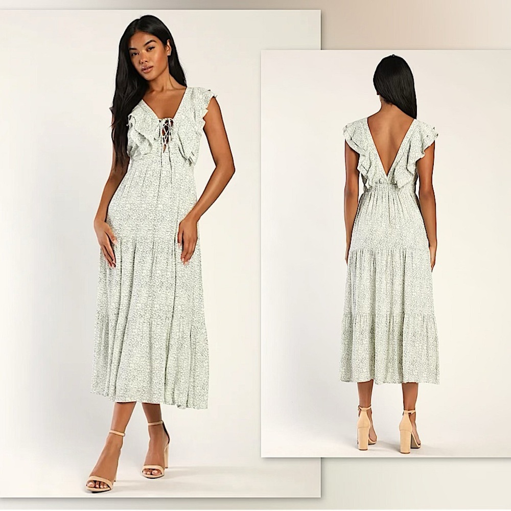 🌿Lulus Romance in Bloom Cream & Green Floral Print Ruffled Tiered Midi Dress